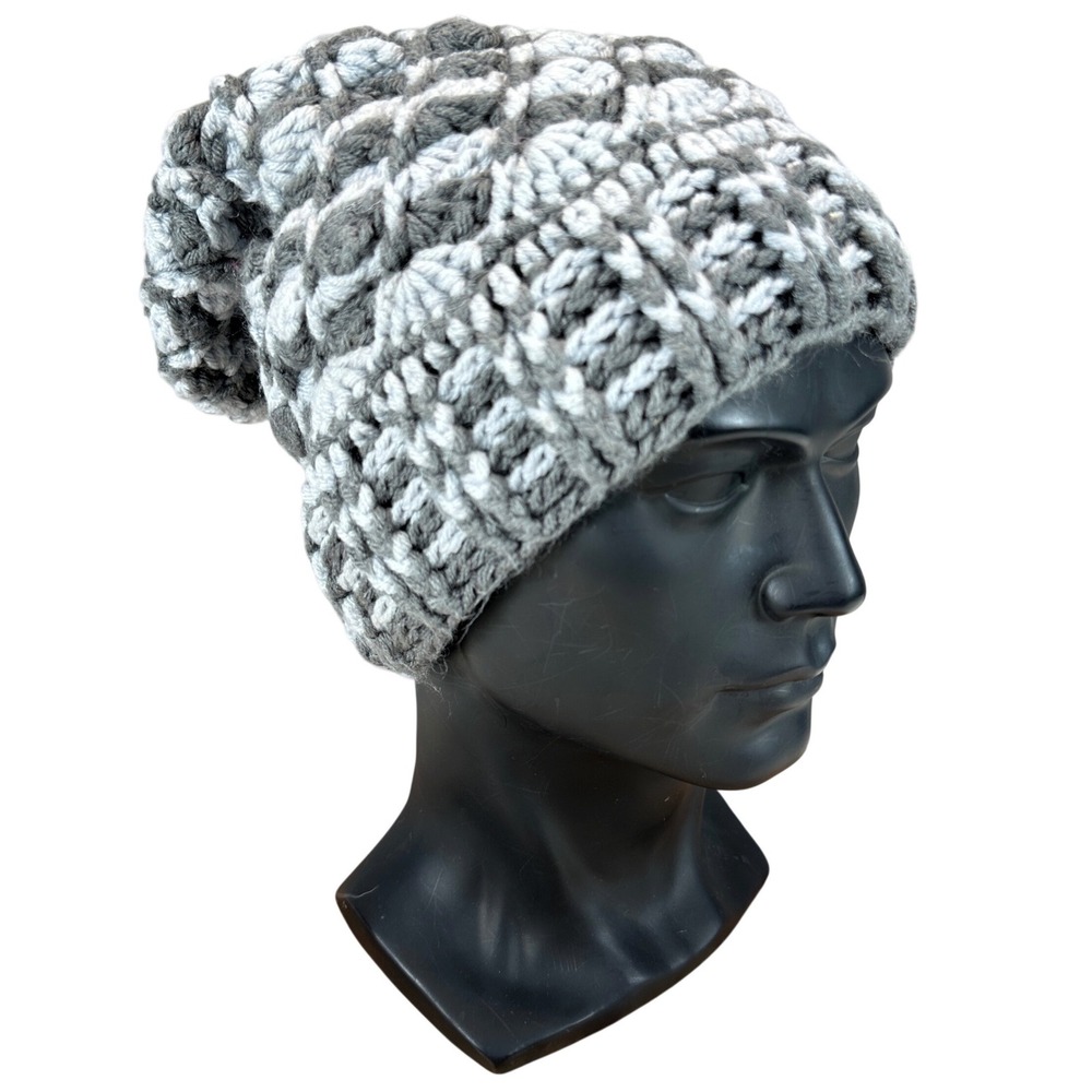 Handmade Crochet Slouchy Beanie Hat Grey Chunky Knit Waffle Pattern Womens OS